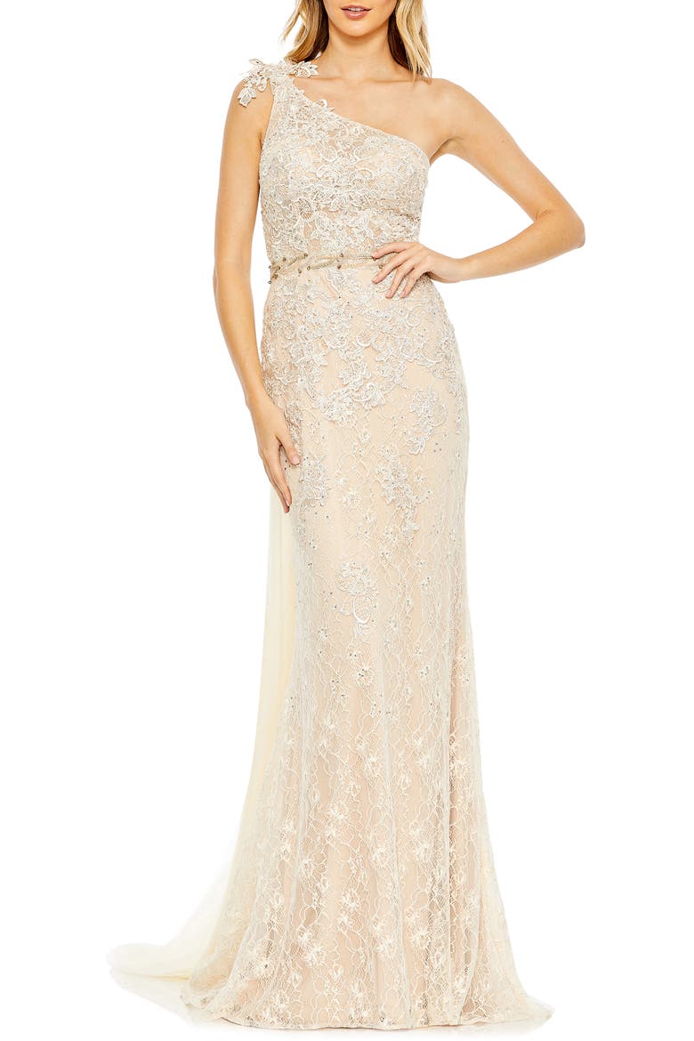 One-Shoulder Lace A-Line Gown, Main, color, IVORY NUDE