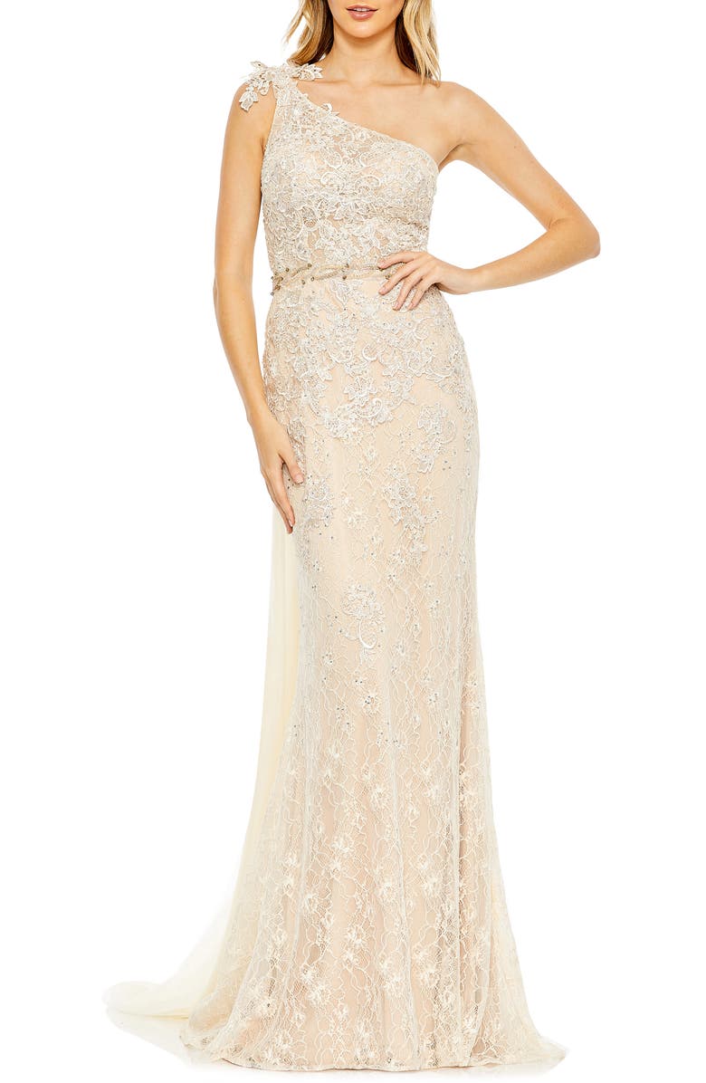 Mac Duggal One-Shoulder Lace A-Line Gown, Main, color, 