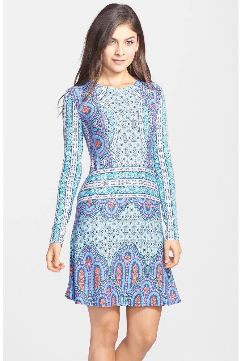 'Jeanna' Print Jersey Fit & Flare Dress, Main, color, BLUE DEPTHS COMBO