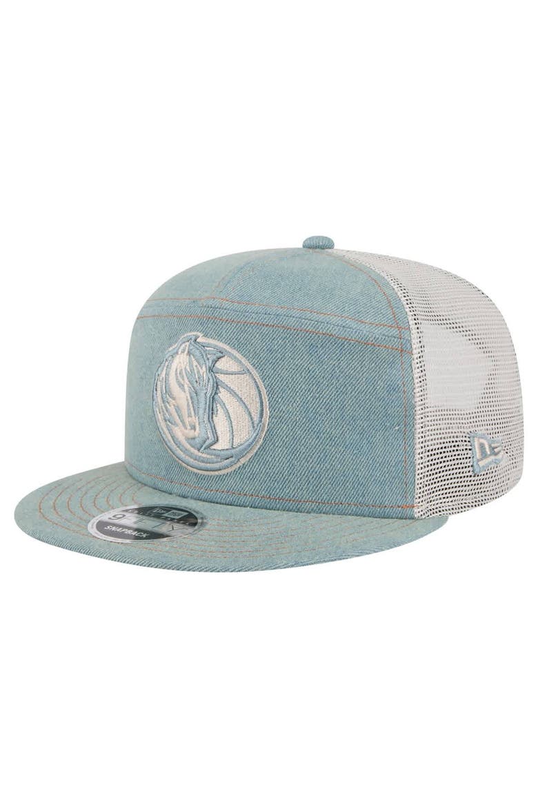 Men's New Era Dallas Mavericks Adventure Denim Split Panel 9FIFTY Snapback Trucker Hat, Main, color, Denim