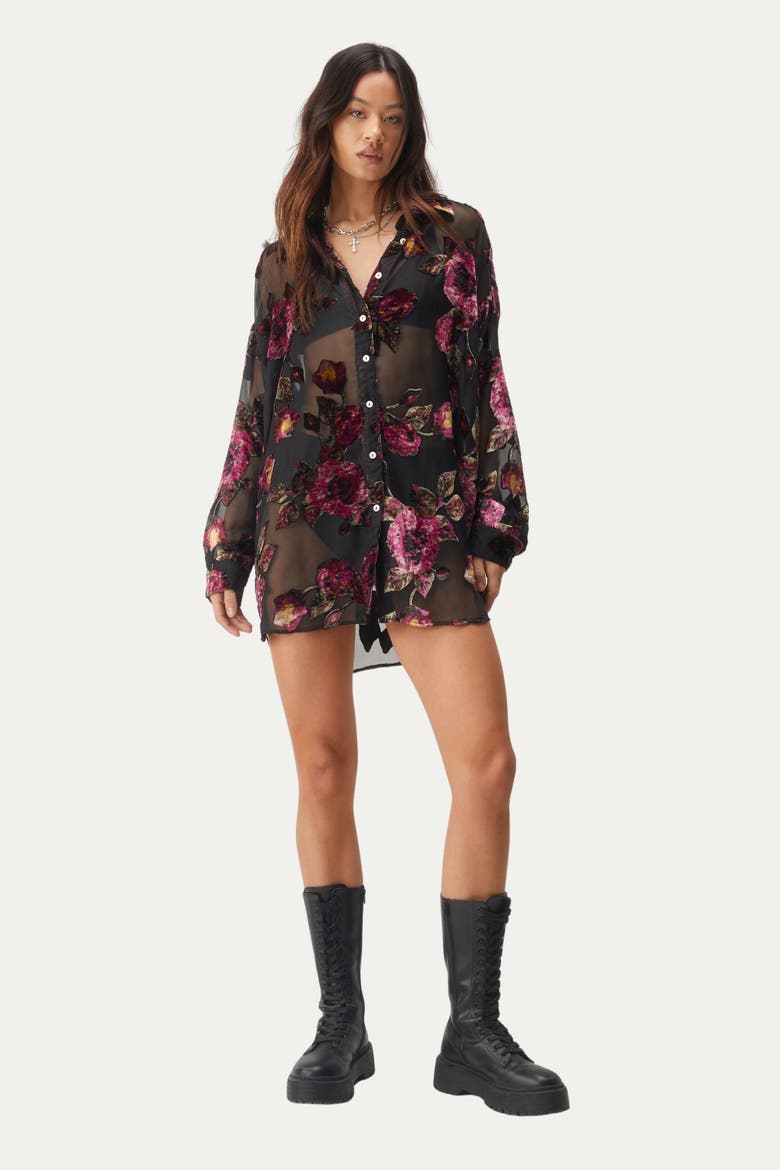 Devore Oversized Sheer Floral Shirt, Main, color, Black
