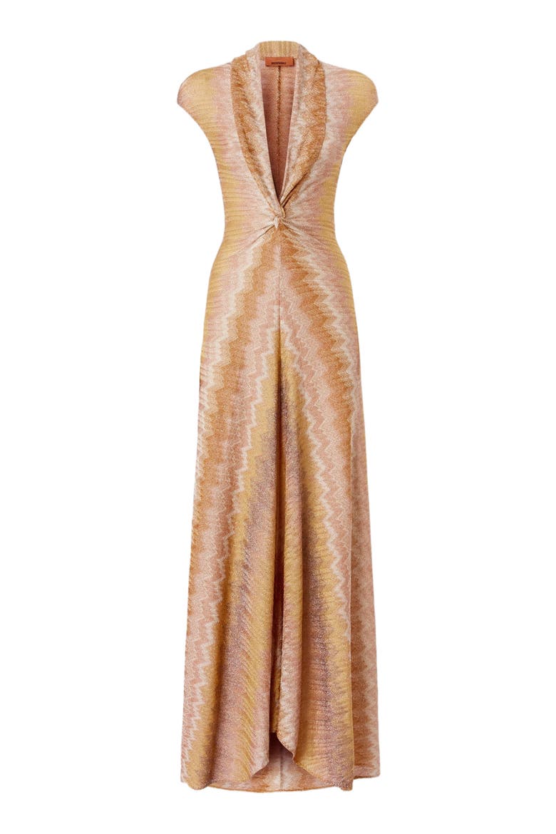 Long Dress With Knotted Neckline In Viscose Lamé Snake Motif, Alternate, color, Gold