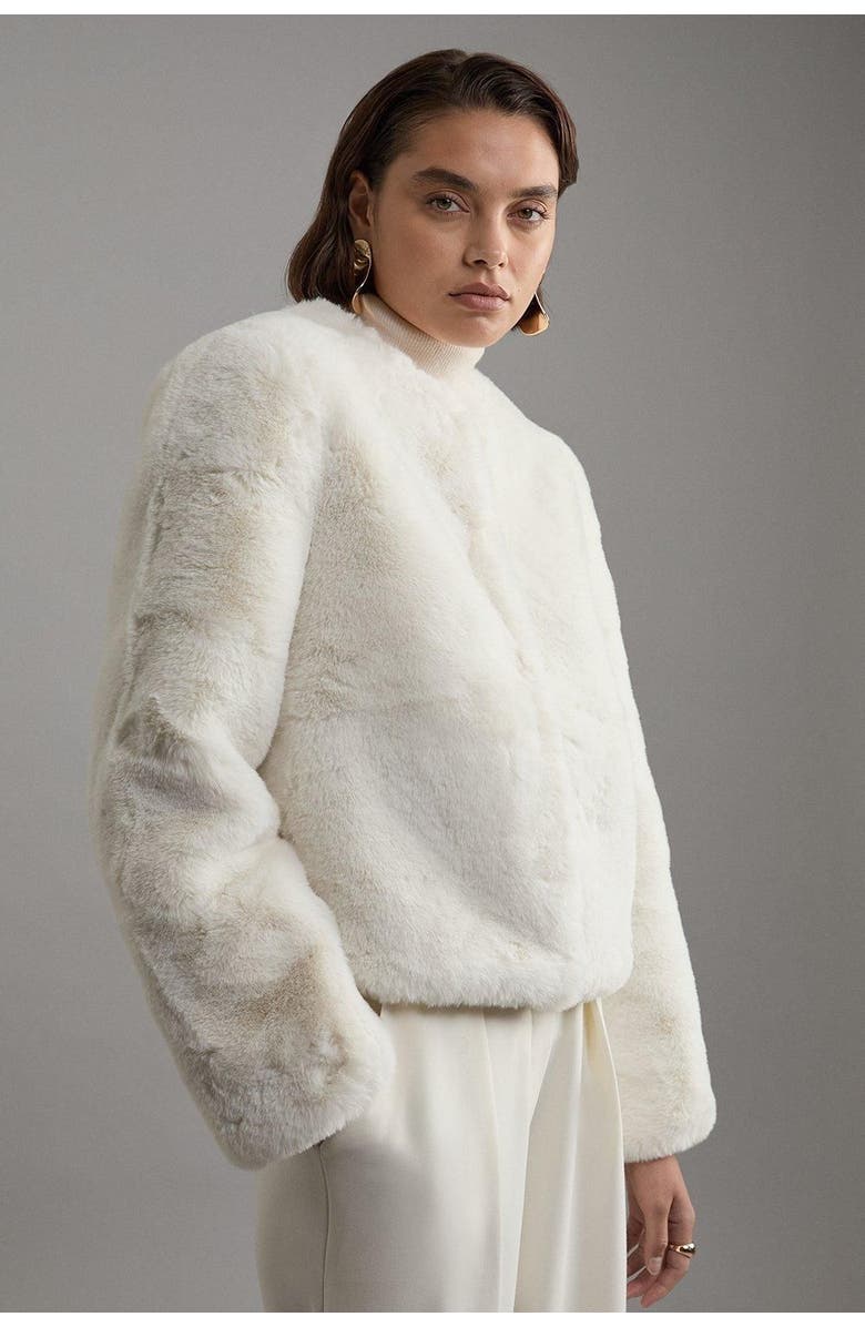 Karen Millen Collarless Faux Fur Jacket, Alternate, color, Ivory