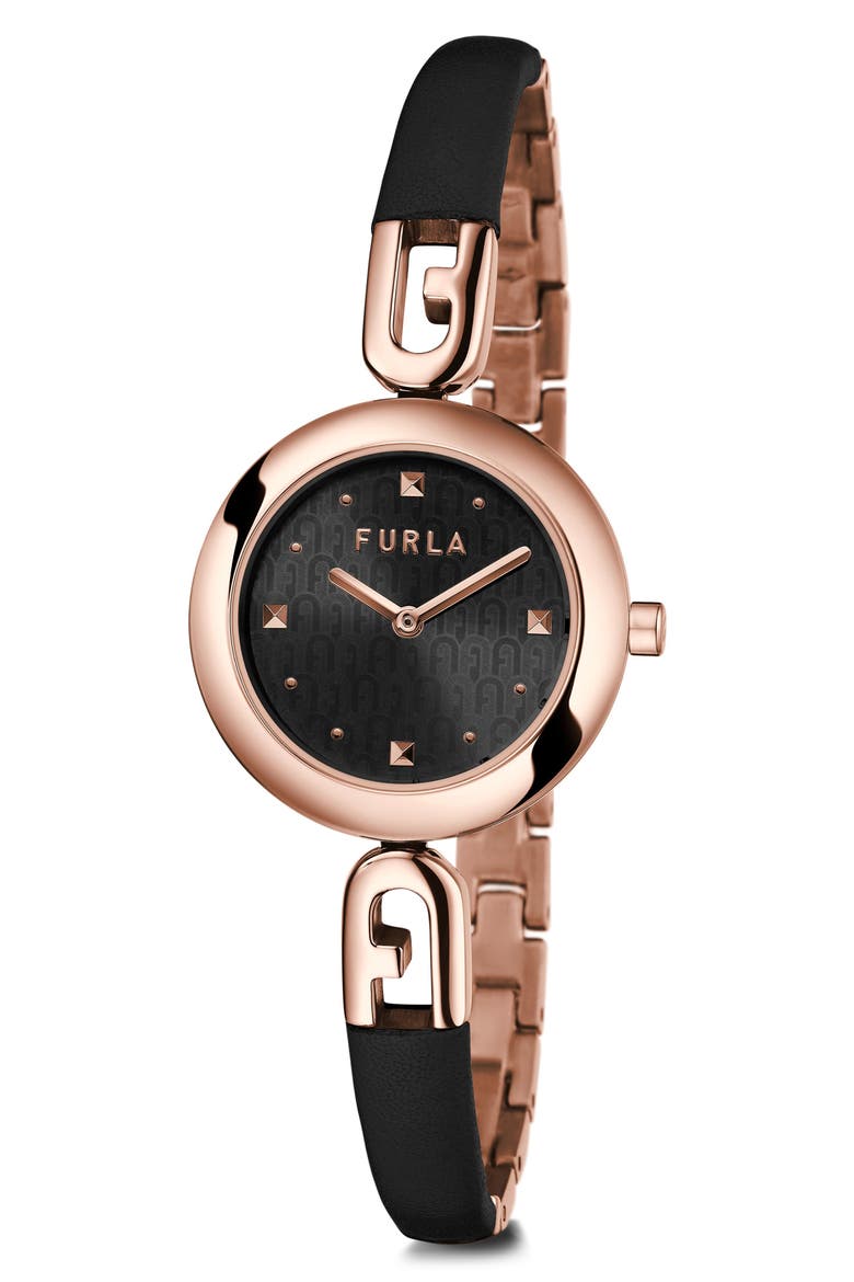 Bangle Leather Strap Watch, 28mm, Alternate, color, ROSE GOLD/ BLACK/ BLACK