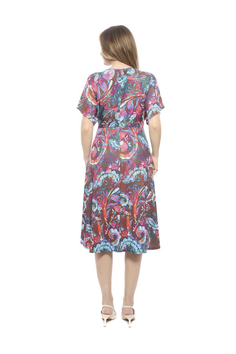 Womens Abstract V-Neck Short Dolman Sleeve Twist Front A-Line Midi Dress, Alternate, color, Brown Multi
