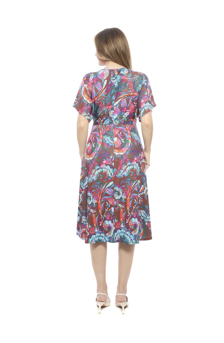 24seven Comfort Apparel Womens Abstract V-Neck Short Dolman Sleeve Twist Front A-Line Midi Dress, Alternate, color, Brown Multi