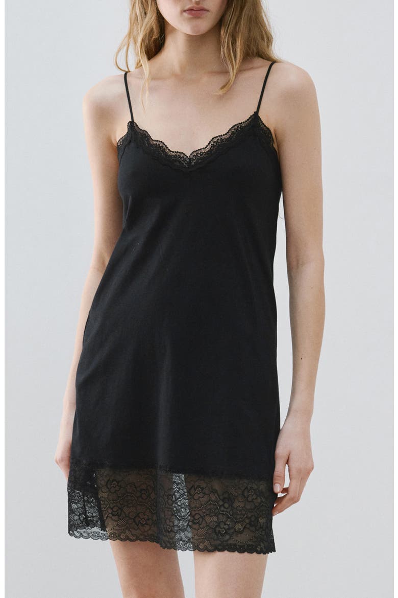 Lace Trim Jersey Chemise, Main, color, BLACK