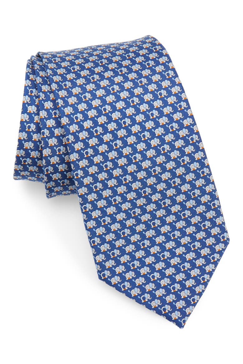 Salvatore Ferragamo Orazio Elephant & Gancini Print Silk Tie, Main, color, ROYAL
