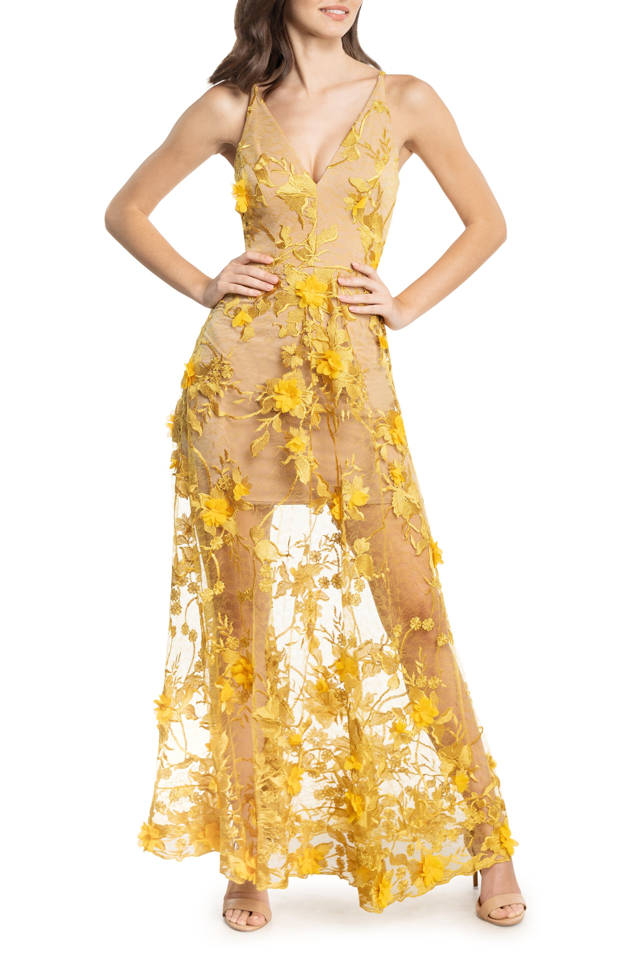 dress the population sidney deep v-neck 3d lace gown Sidney Deep V-Neck 3D Lace Gown