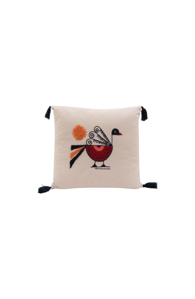 Storied Home Square Cotton Pillow with Embroidered Peacock, Orange Sun & Corner Tassels, Main, color, White