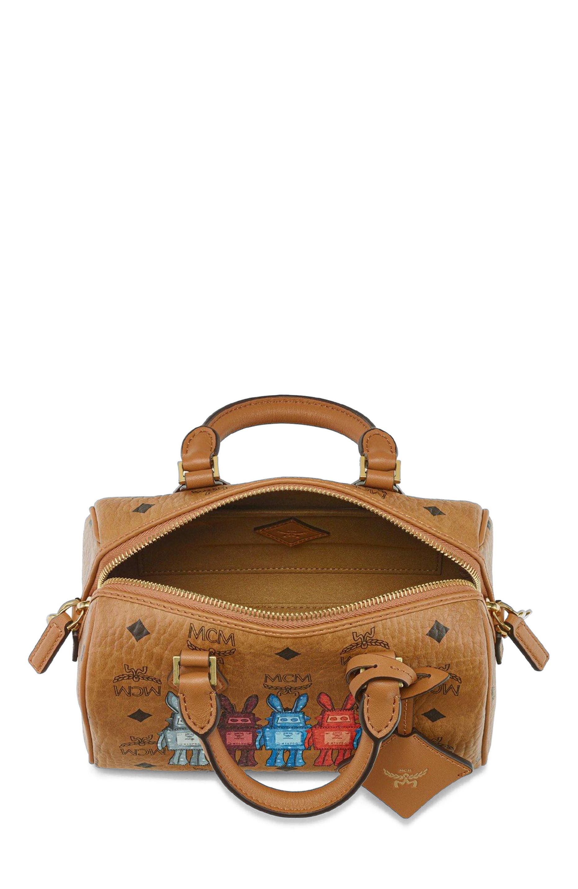 MCM Small Ella Boston Bag in Rabot Visetos, Alternate, color, Cognac