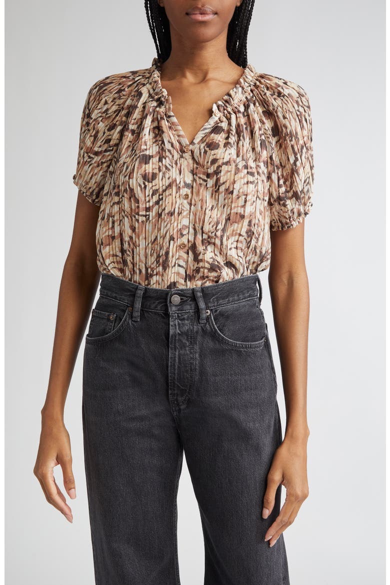 Soraya Pleated Puff Sleeve Top, Main, color, BAJA BROWN TULUM