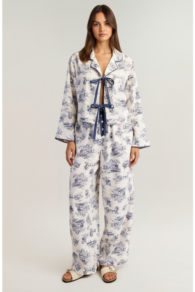 Printed Button-Up Pajama Set with Contrast Trim and Ribbon Tie, Main, color, Toile print