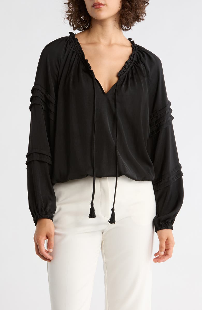 DR2 by Daniel Rainn Long Sleeve Tie Front Satin Top, Main, color, Black