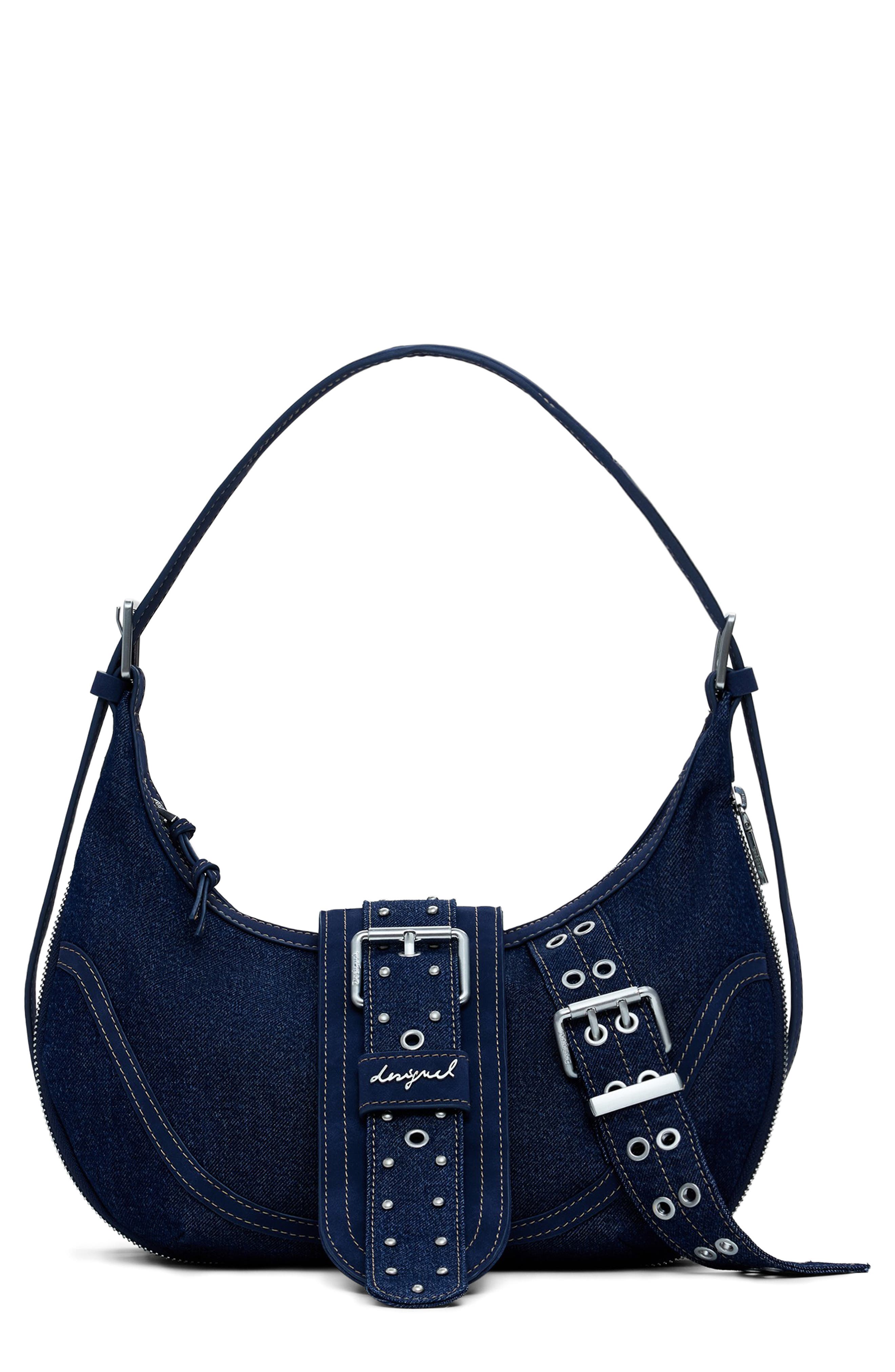 Desigual Belted Denim Shoulder Bag, Main, color, Dark Blue