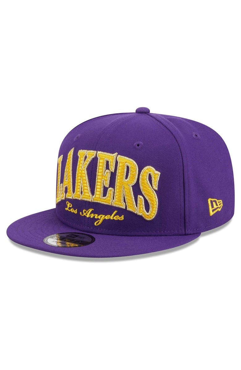 New Era Men's New Era Purple Los Angeles Lakers Golden Tall Text 9FIFTY Snapback Hat, Alternate, color, Purple