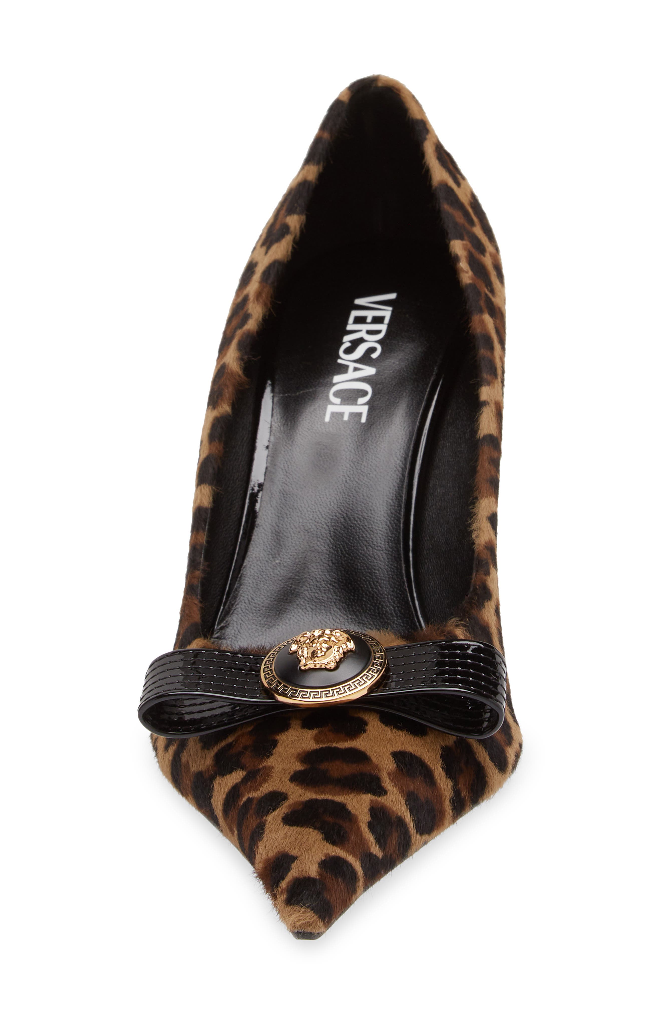 Versace Leopard Genuine Calf Hair Bow Pointed Toe Pump, Alternate, color, Brown Black Gold