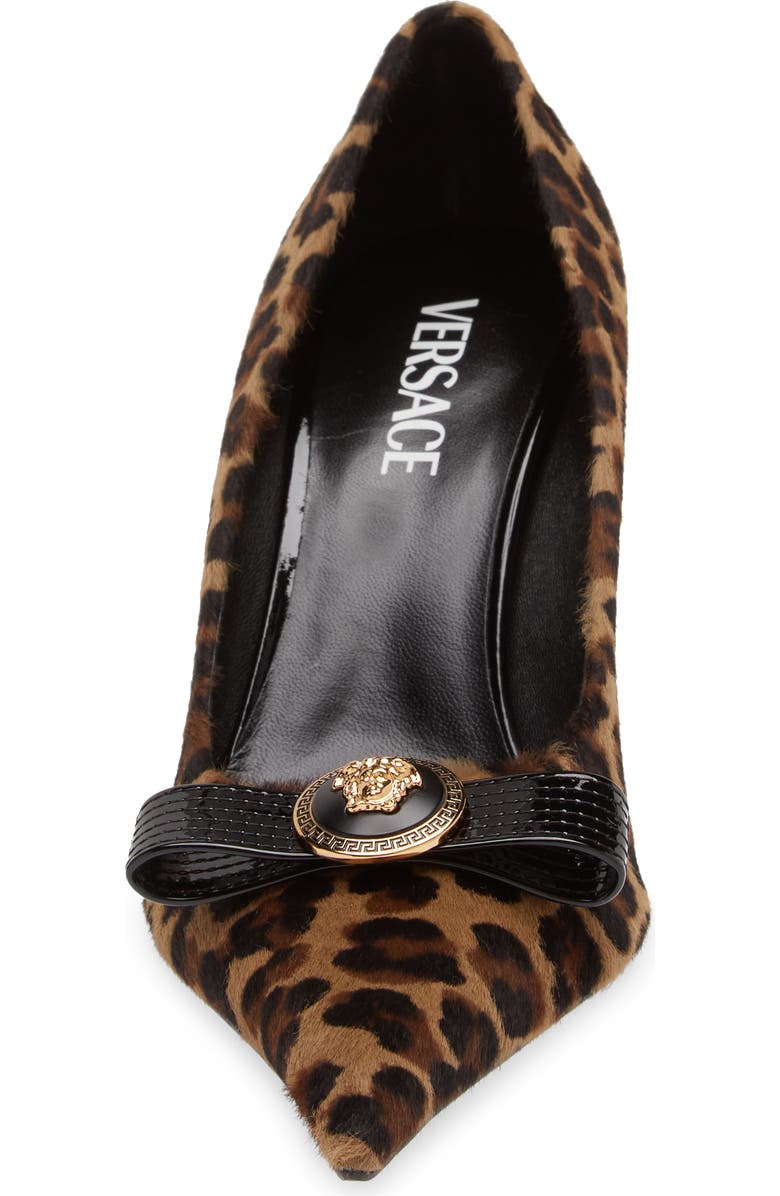 Versace Leopard Genuine Calf Hair Bow Pointed Toe Pump, Alternate, color, Brown Black Gold