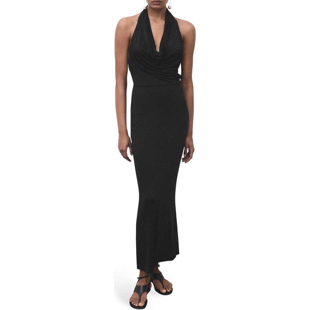 Mango Draped Cowl Neck Halter Dress In Black
