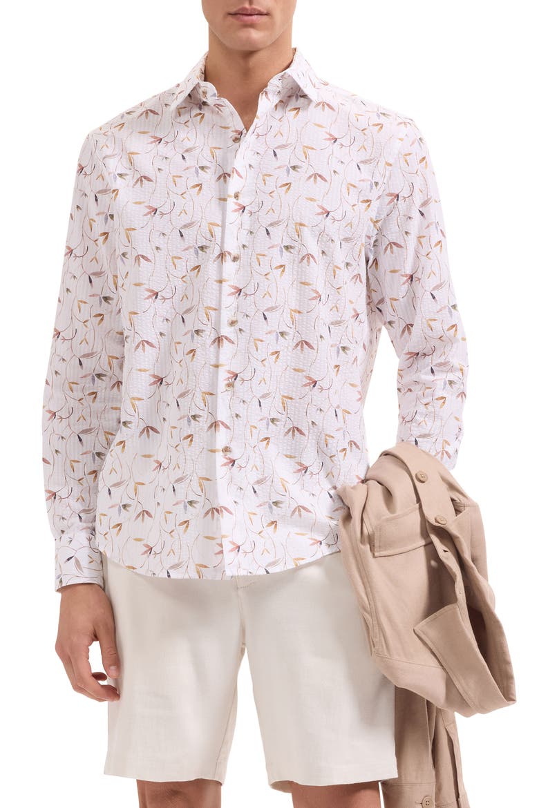 Julian Shaped Fit Leaf Print Cotton Seersucker Button-Up Shirt, Alternate, color, WHITE