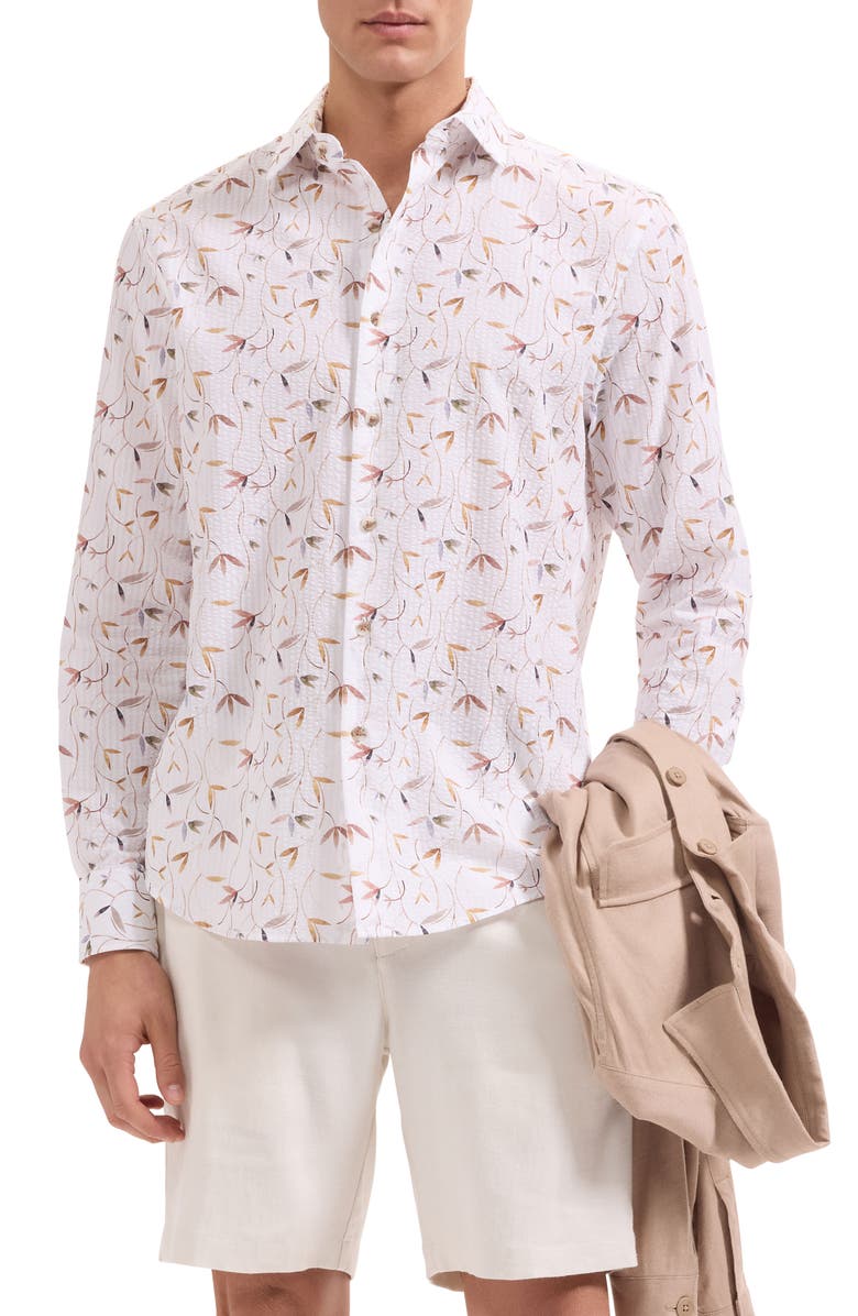 Bugatchi Julian Shaped Fit Leaf Print Cotton Seersucker Button-Up Shirt, Alternate, color, White