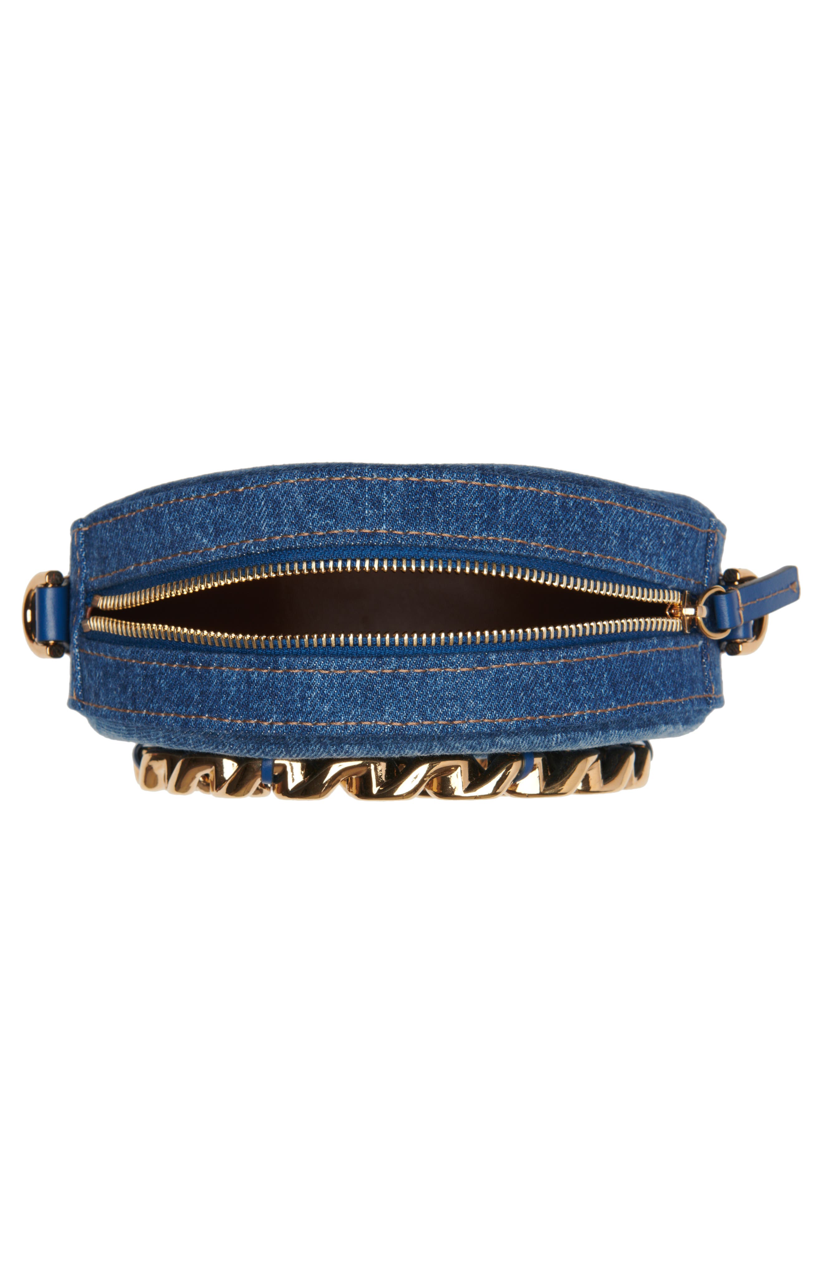 La Medusa Chain Round Denim Crossbody Camera Bag, Alternate, color, NAVY BLUE-VERSACE GOLD