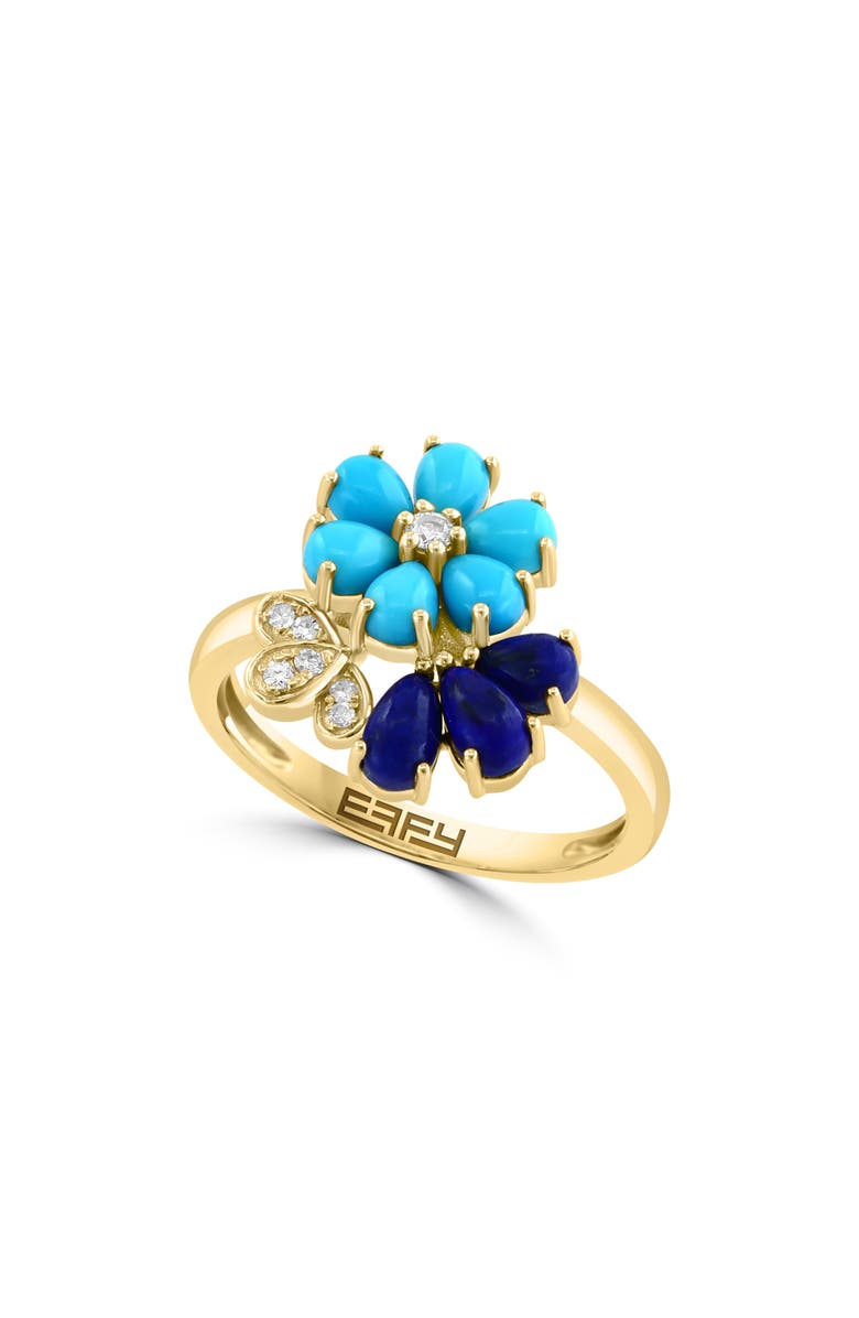 EFFY 14K Yellow Gold Lapis Lazuli, Turquoise & Diamond Flower Ring - 0.06ct., Main, color, 