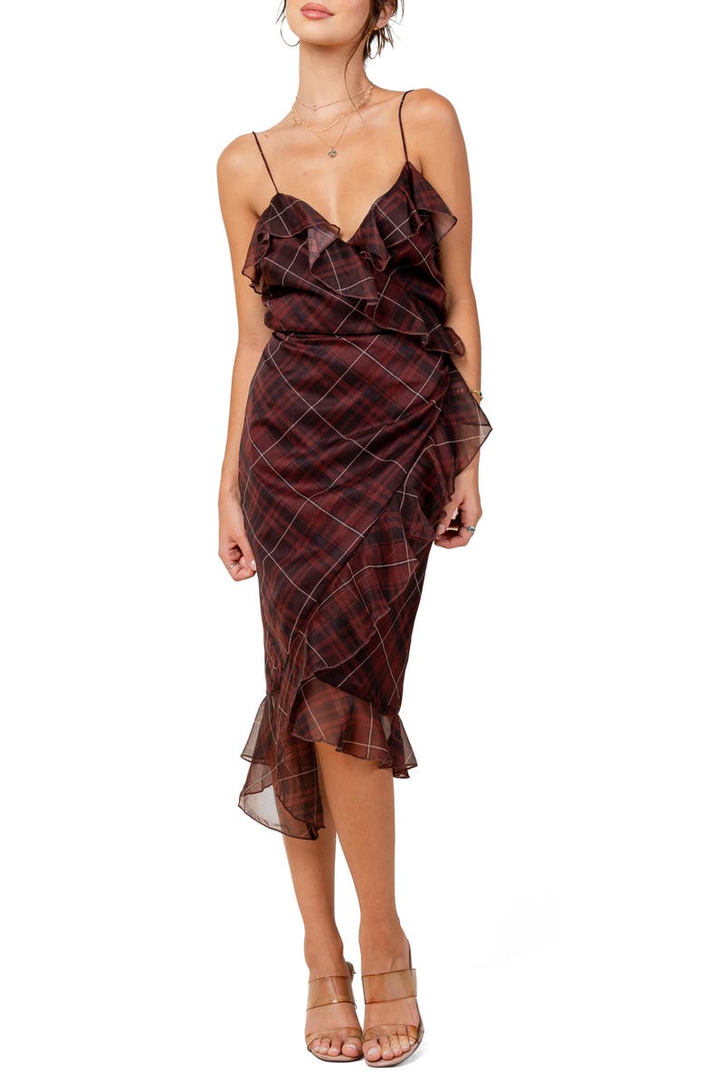 Beivy Plaid Ruffle Midi Dress, Main, color, Wine