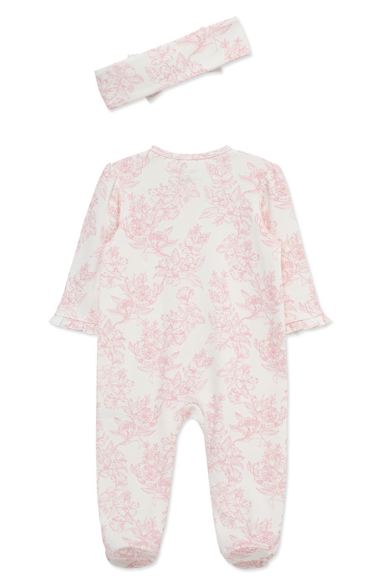 Little Me Rose Toile Cotton Footie & Headband Set, Alternate, color, Pink