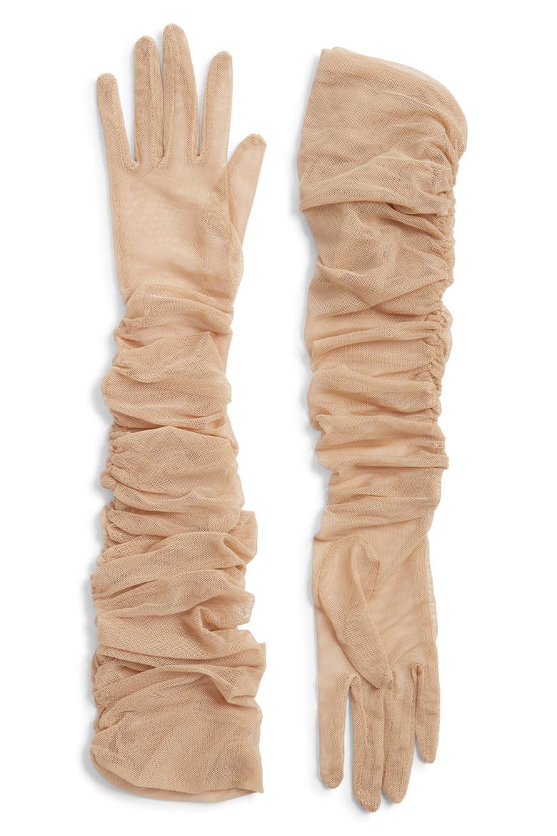 Ariana Ruched Mesh Opera Gloves, Main, color, NUDE