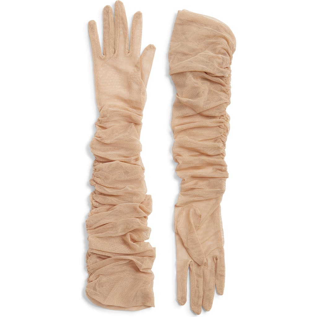 High Heel Jungle Ariana Ruched Mesh Opera Gloves In Brown