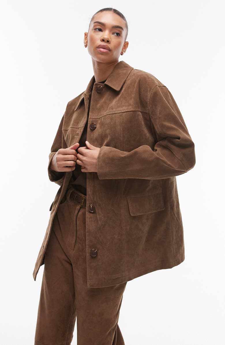 Topshop High Break Faux Suede Trench Coat, Main, color, 