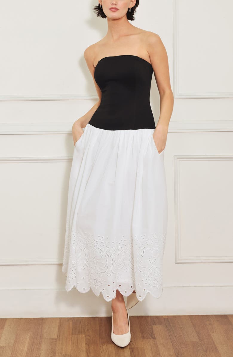 FREEMARKET Strapless Mixed Media Maxi Dress, Alternate, color, White/ Black