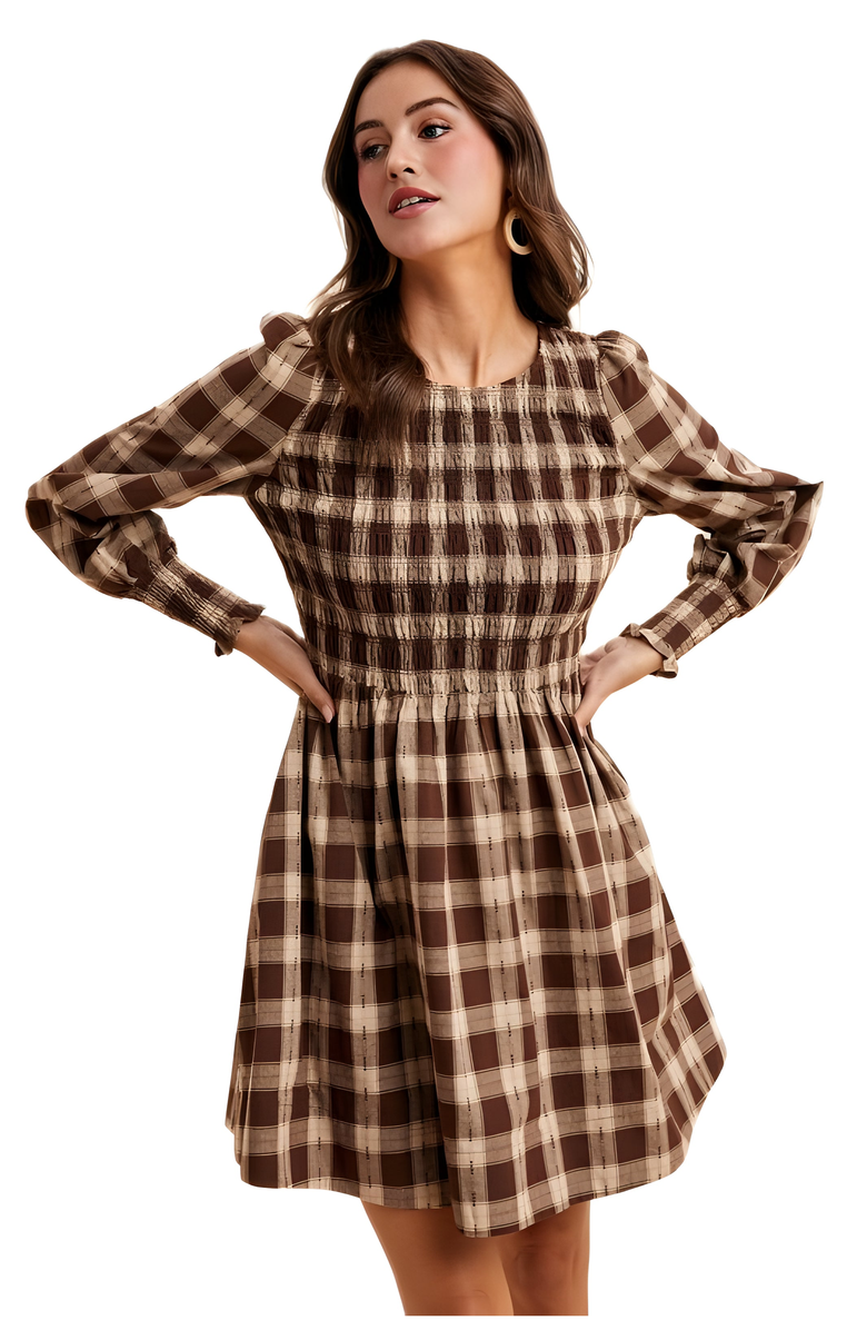 Knit and Lounge Smocked Plaid Long Sleeve Mini Dress, Alternate, color, 