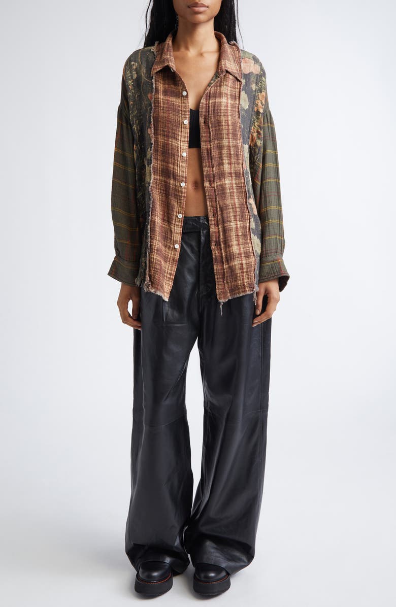 R13 Shredded Seam Drop Neck Plaid Flannel Button-Up Shirt, Alternate, color, Multi-Print Brown