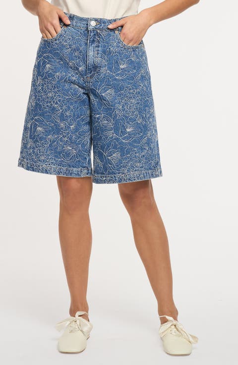 Betsy Garden Doodle Embroidered Bermuda Shorts