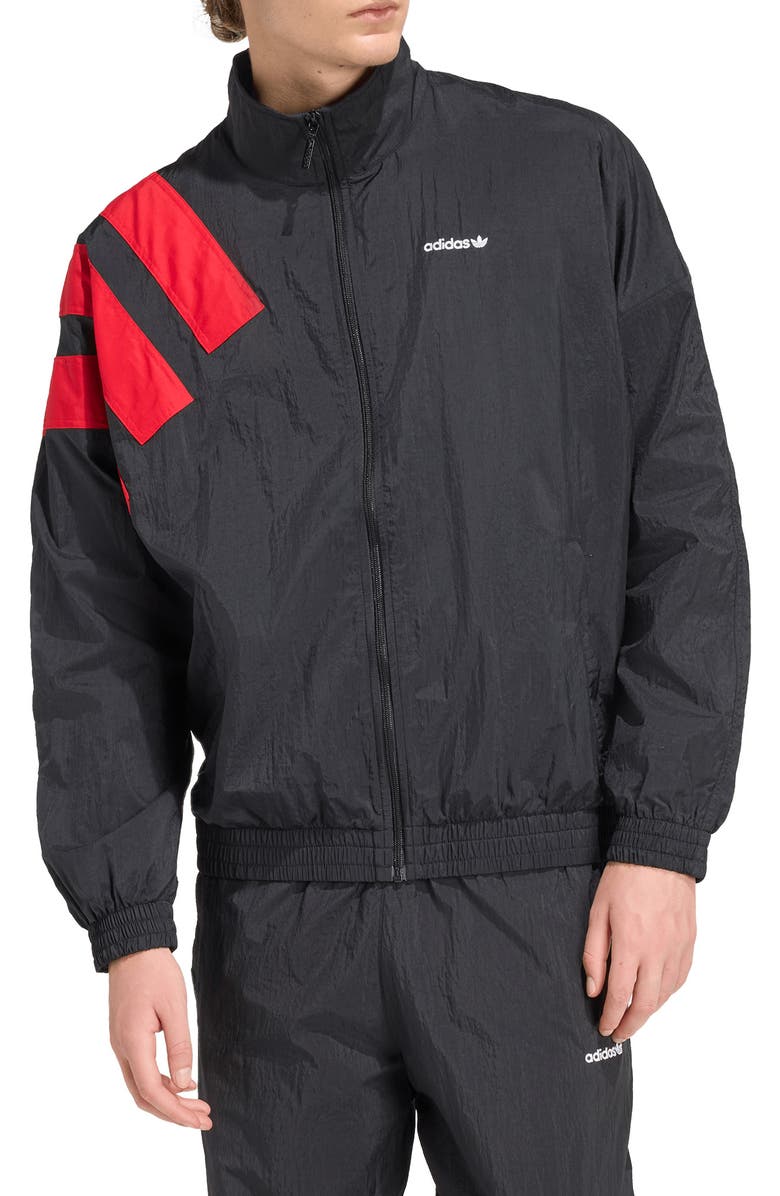 adidas Arch Oversize Nylon Track Jacket, Main, color, Black/ Better Scarlet