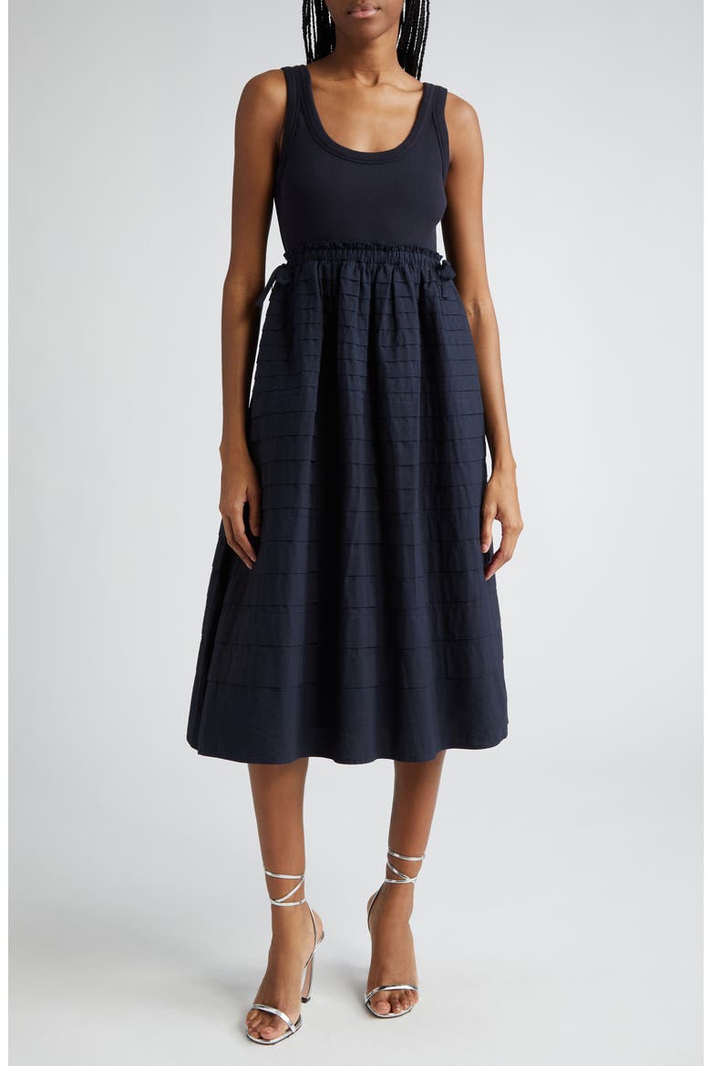 Akira Mixed Media Stretch Cotton Tank Dress, Main, color, NAVY