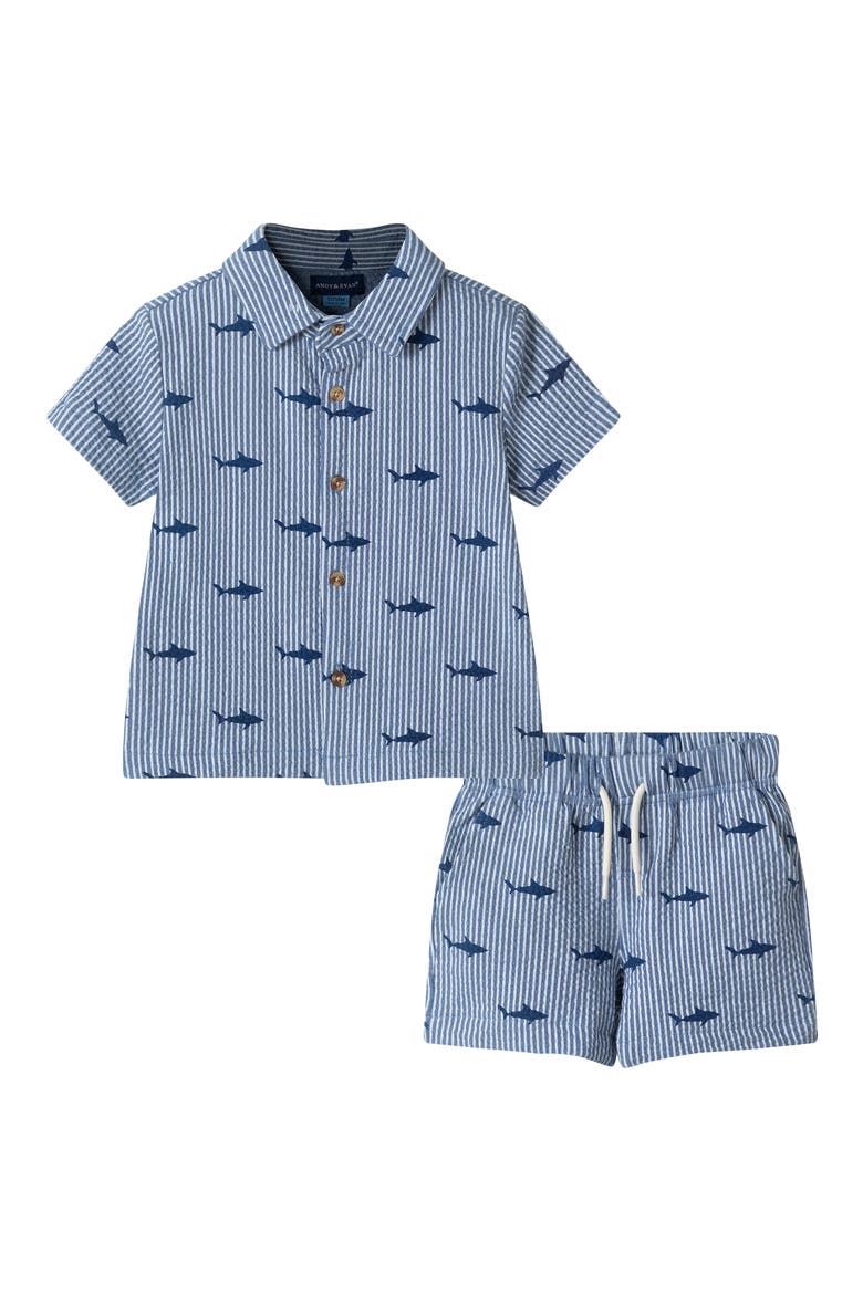Print Seersucker Button-Up Shirt & Shorts Set, Main, color, NAVY STRIPE