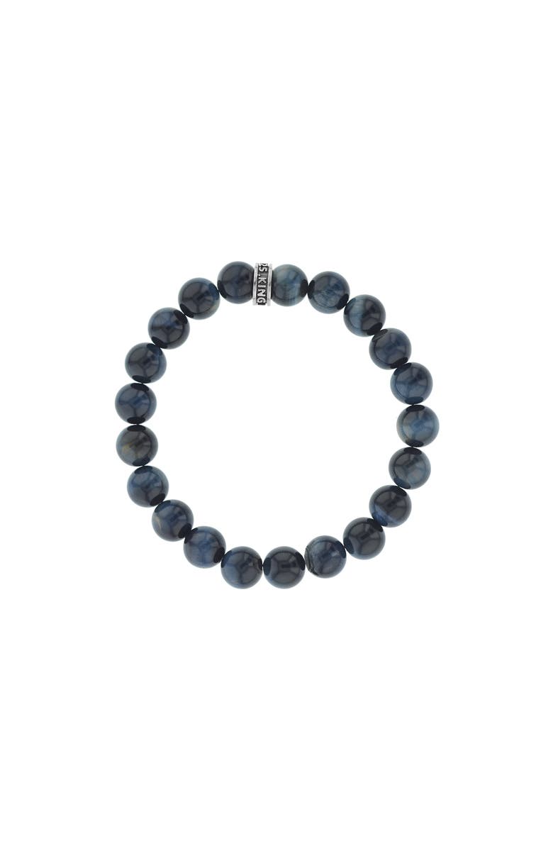 King Baby Studio 10mm Blue Tiger Eye Bead Bracelet with Logo Ring, Main, color, Silver