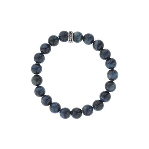 King Baby Studio 10mm Blue Tiger Eye Bead Bracelet With Logo Ring In Silver