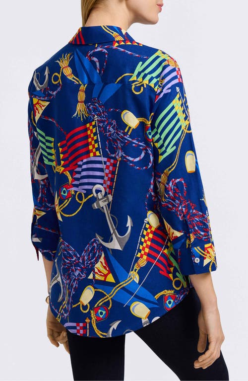 Foxcroft Zoey Nautical Three Quarter Sleeve Linen Blend Button-up Shirt In Navy Multi