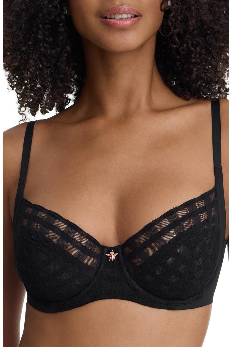 Bonbon Full Coverage Gingham Lace Bra, Main, color, Black