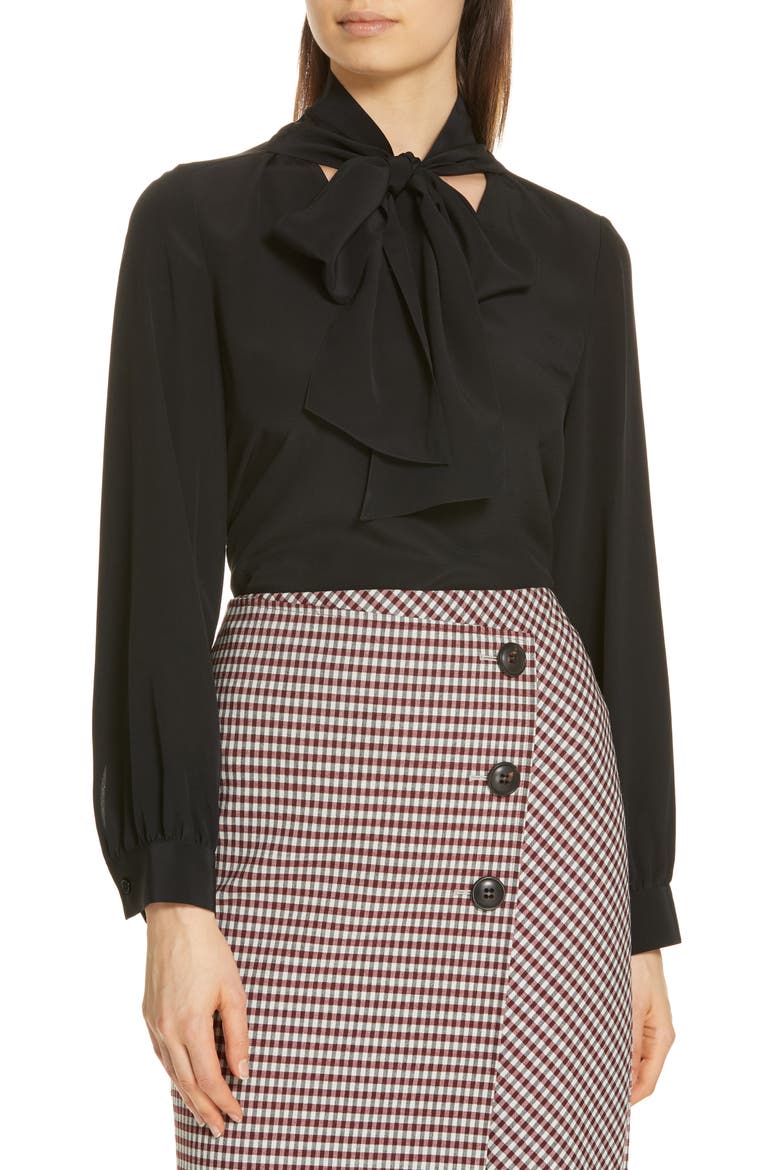 Tie Neck Silk Blouse, Main, color, BLACK