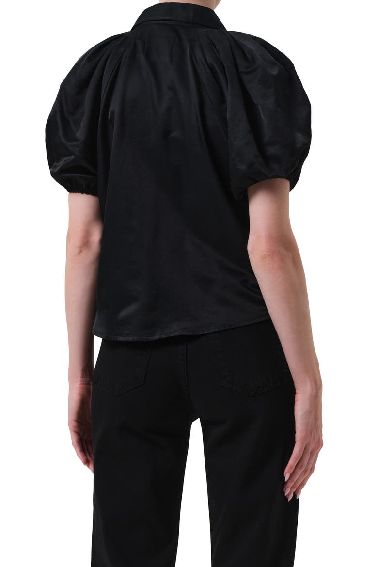 Leila Puff Sleeve Cotton & Silk Button-Up Shirt, Alternate, color, BLACK