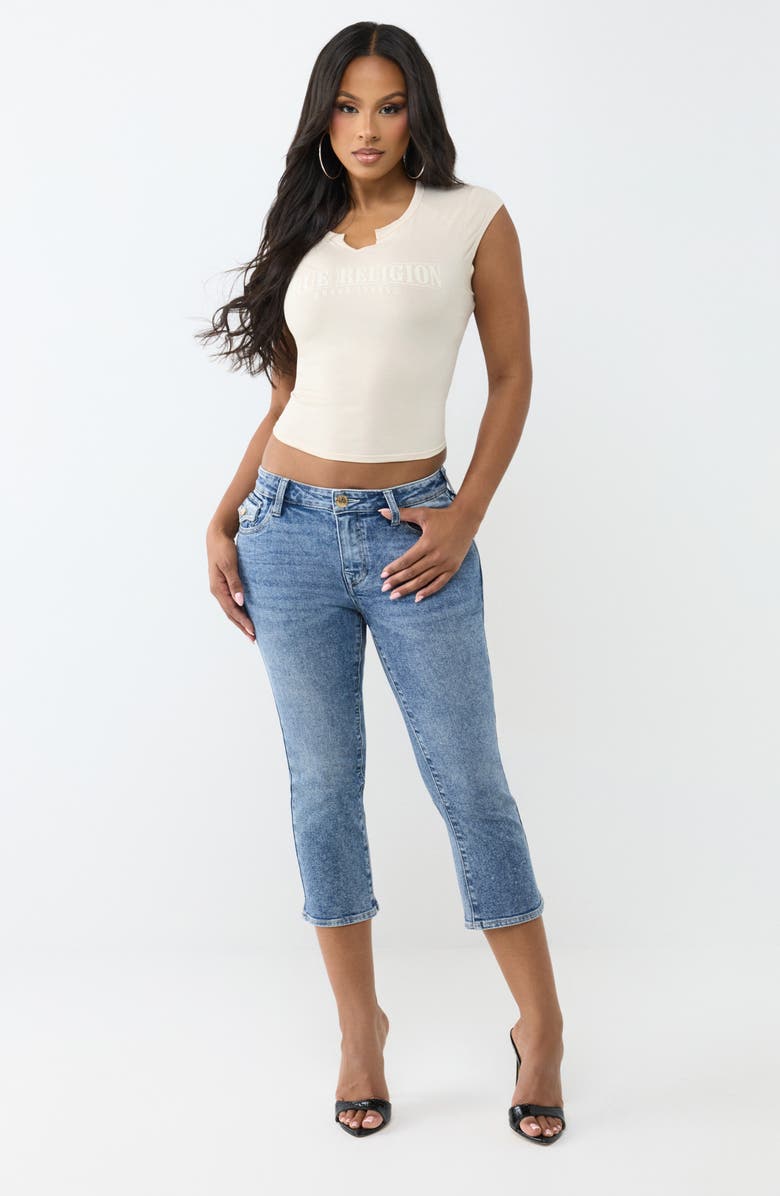 True Religion Flare Flap Pocket Capri Jeans, Alternate, color, Medium Aventurine Blue Wash