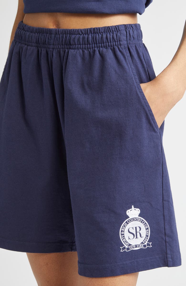 Sporty & Rich Royal Club Graphic Gym Shorts, Alternate, color, Dark Navy