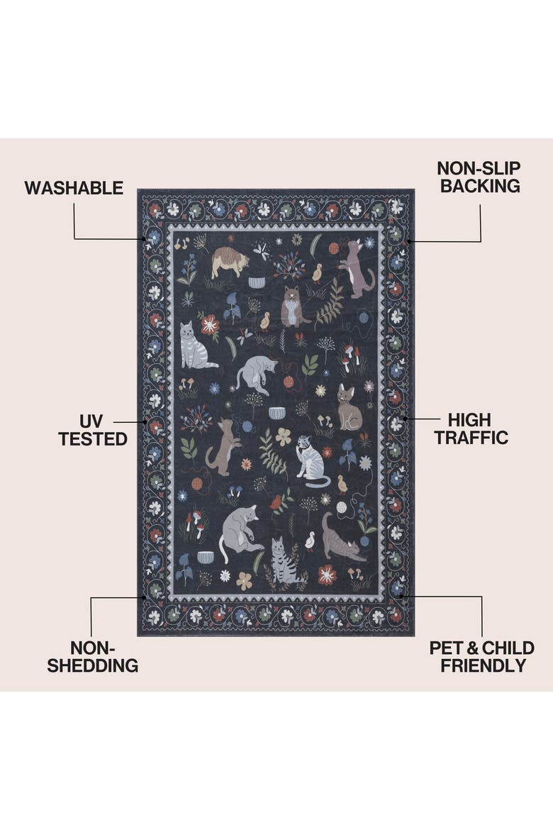 Catmosphere Festive Feline Floral Border Non-Slip Machine-Washable Rug, Alternate, color, Charcoal
