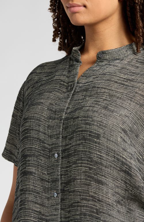 Eileen Fisher Short Sleeve Organic Linen Blend Button-up Shirt In Black/natural