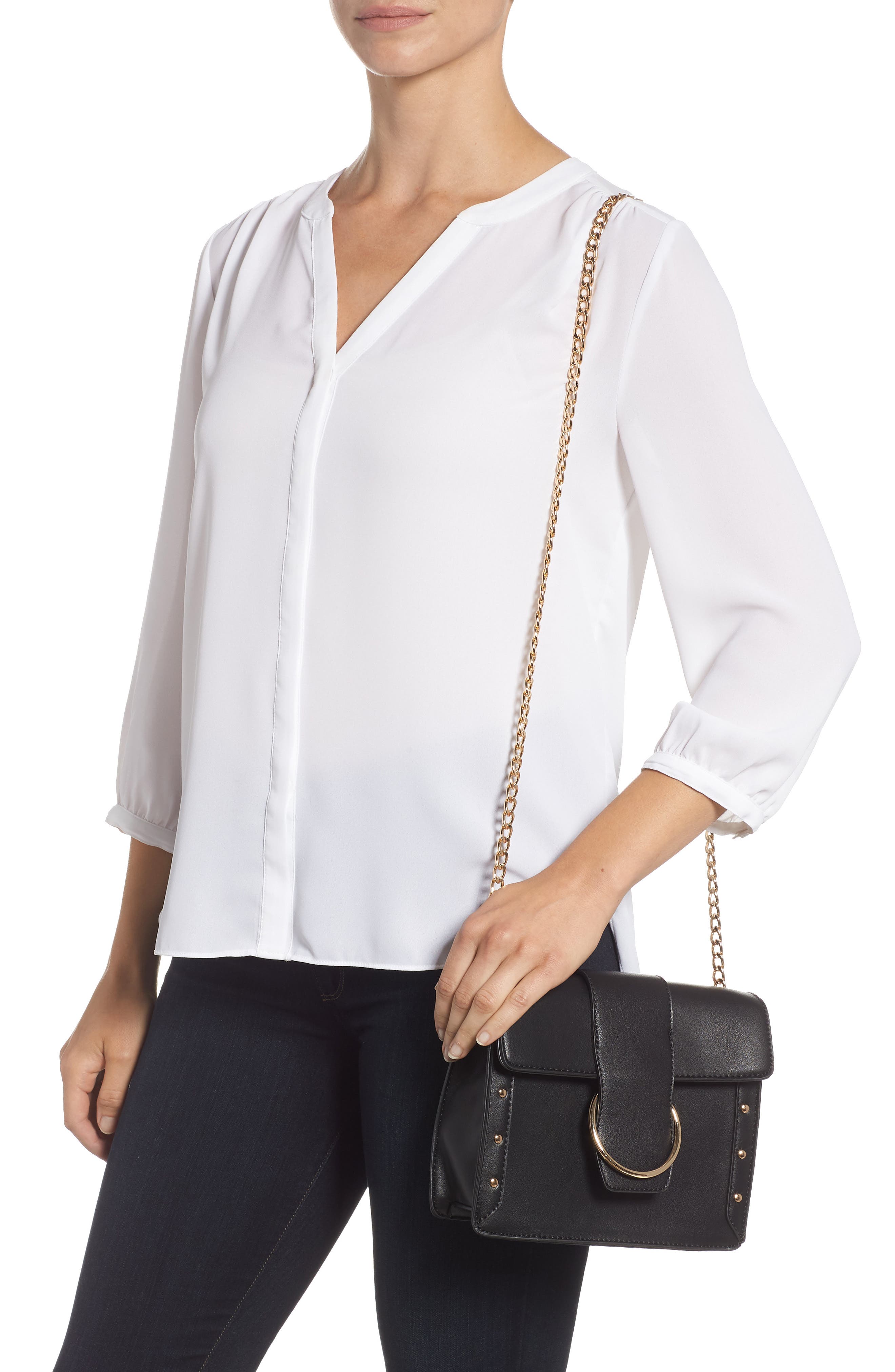 Metal Ring Faux Leather Crossbody Bag, Alternate, color, BLACK